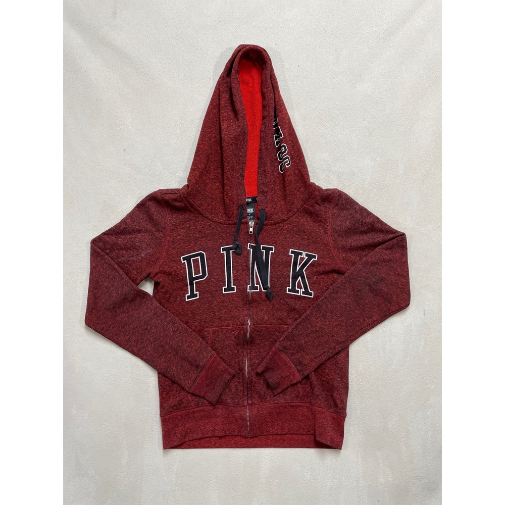 Victoria's Secret PINK Full Zip Hoodie Maroon Marl Logo Sweatshirt Small